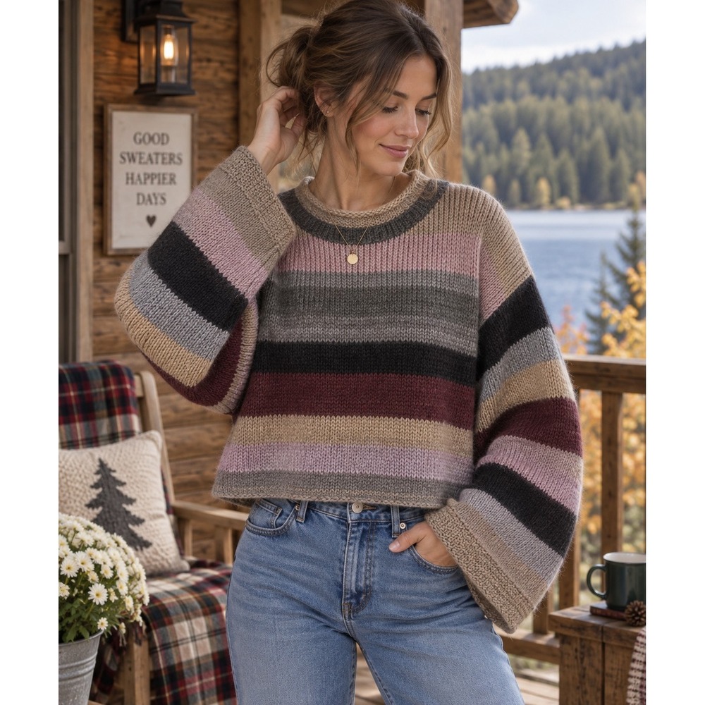 Handmade Hand Knit Striped Sweater Womens L Chunky Oversized Multicolor Pullover